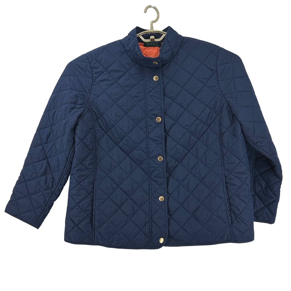 Lauren Ralph Lauren Navy Blue Quilted Jacket‎ Womens Orange Lining Gold Snaps